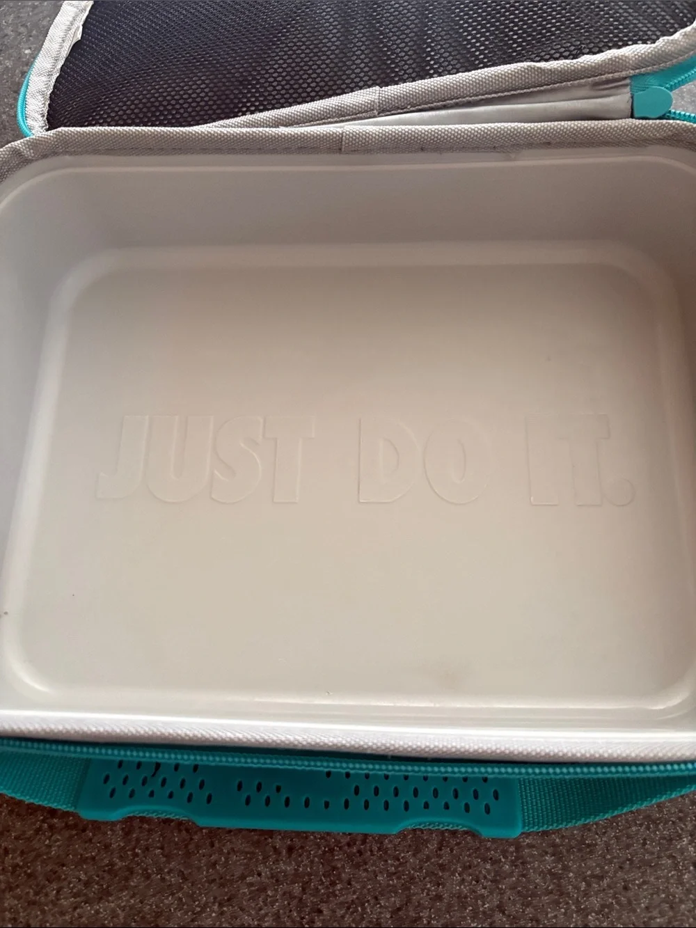 Nike Kids Teal and Beige Graphic Lunch Tote - Just Do It Print